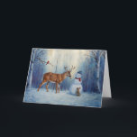 Deer & Snowman Christmas Snow Holiday Card<br><div class="desc">A whitetail buck nibbles the carrot nose off a Christmas snowman as a cute little bunny rabbit begs the deer to share a piece. But it really belongs to the snowman,  doesn't it? Realistic artwork created from an original oil painting by wildlife and equine artist Crista S. Forest.</div>