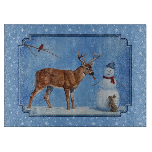 Deer & Snowman Christmas Snowflakes Cutting Board (Front)