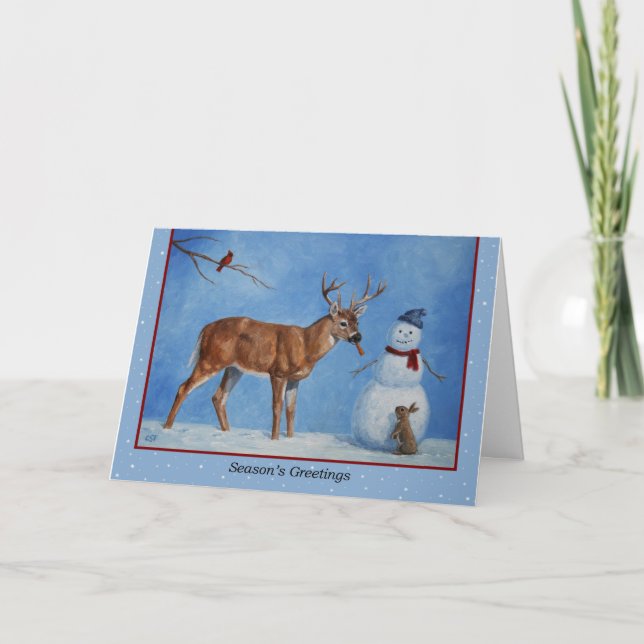 Deer & Snowman Christmas Snowflakes Holiday Card (Front)