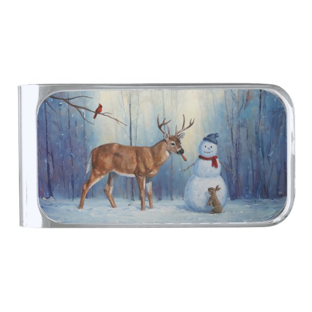 Deer & Snowman Christmas Snowflakes Silver Finish Money Clip (Front)