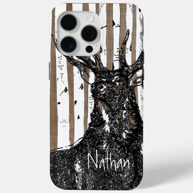 Deer/Stag Birch Tree linen Personalize iphone Case (Back)