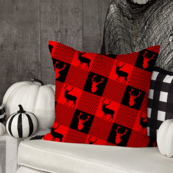 Deer Stag Buffalo Plaid Lumberjack Woodland Forest Throw Pillow by AntiqueImages at Zazzle