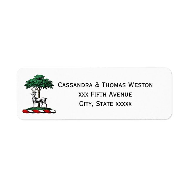 Deer Stag by Tree Heraldic Crest Emblem Label (Front)