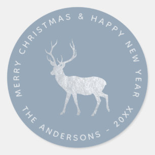 Deer Stag Dusty Blue Faux Silver Elegant Christmas Classic Round Sticker