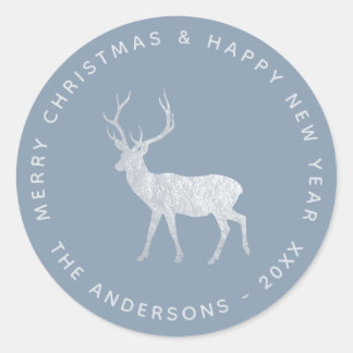 Deer Stag Dusty Blue Faux Silver Elegant Christmas Classic Round Sticker