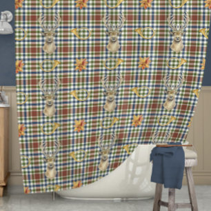 Deer Stag Hunting Lodge Fall Leaves Tartan Plaid Shower Curtain