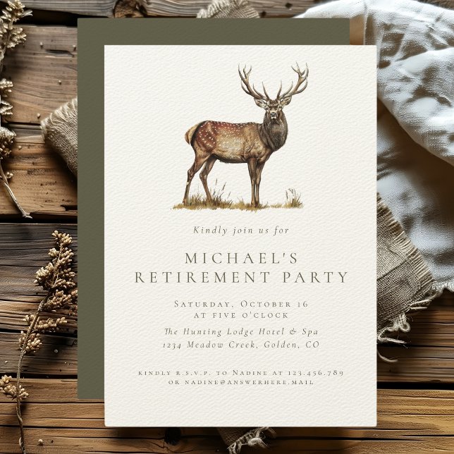 Deer Stag Hunting Retirement Elegant Rustic Party Invitation (Creator Uploaded)