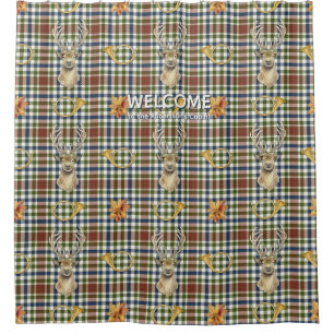 Deer Stag Mountain Lodge Fall Leaves Tartan Plaid Shower Curtain