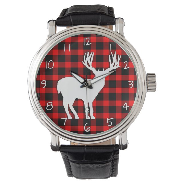 Deer Stag Silhouette on Red Black Plaid Watch (Front)