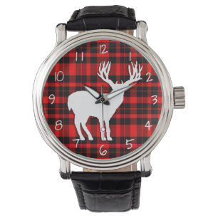 Deer Stag Silhouette on Red Black Plaid Watch