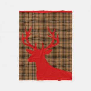 Deer Stag Silhouette Plaid brown red Fleece Blanket
