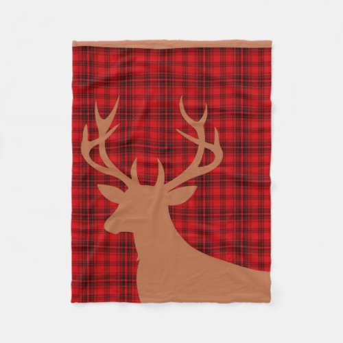 Deer Stag Silhouette Plaid  red tan Fleece Blanket