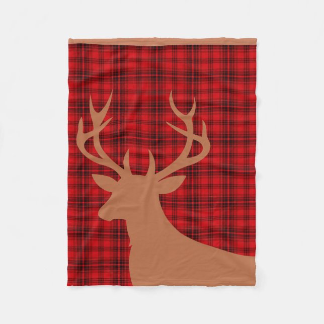 Deer Stag Silhouette Plaid | red tan Fleece Blanket (Front)
