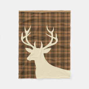 Deer Stag Silhouette Plaid   tan brown ivory Fleece Blanket