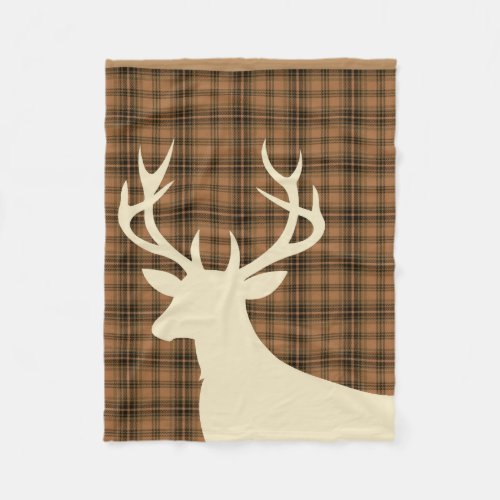 Deer Stag Silhouette Plaid  tan brown ivory Fleece Blanket