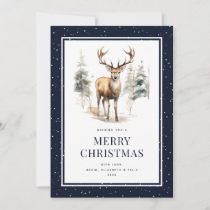 Deer Stag Watercolor Blue Snowy Merry Christmas Holiday Card