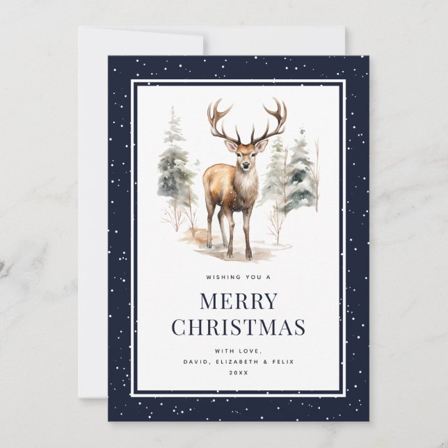 Deer Stag Watercolor Blue Snowy Merry Christmas Holiday Card (Front)