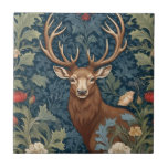 Deer Stag William Morris style Left Facing Ceramic Tile<br><div class="desc">"country classic art nouveau",  "deer stag with antlers",  "sage green woodland animals",  "british william morris ceramic tile",  "leafy woods dark navy blue",  "forest tree leaf leaves antique",  "vintage red wildflowers",  "wildlife english garden animal",  "nature floral flower botanical",  "left facing traditional flowers"</div>