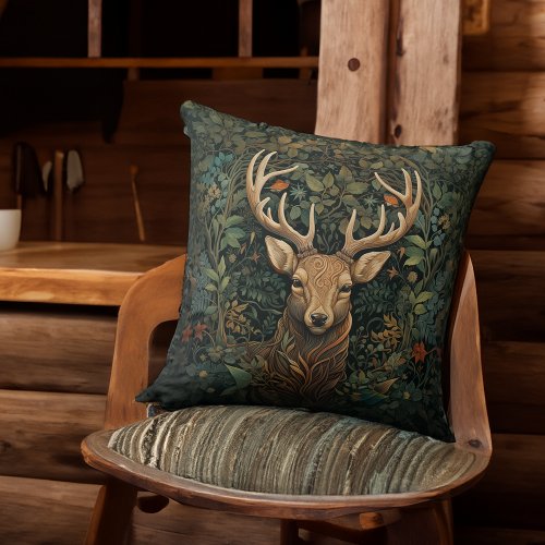 Deer Stag with Antlers Enchanted Forest Throw Pillow