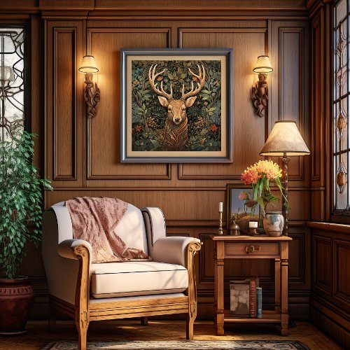 Deer Stag with Antlers in Magic Forest Poster