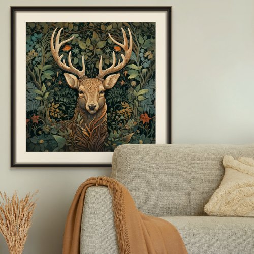 Deer Stag with Antlers in Magic Forest Poster