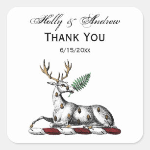 Deer Stag with Fern Heraldic Crest Emblem Square Sticker