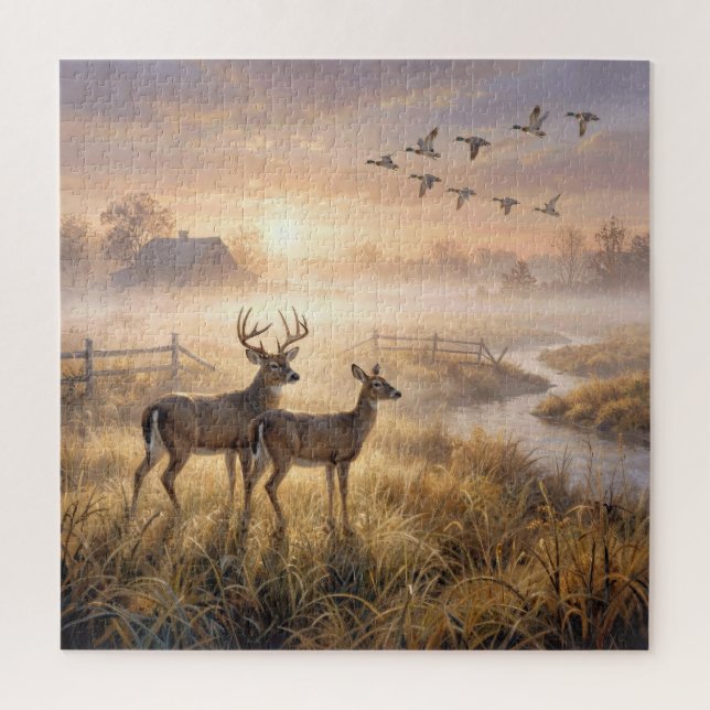 Deer Standing by a River at Dawn Jigsaw Puzzle (Vertical)