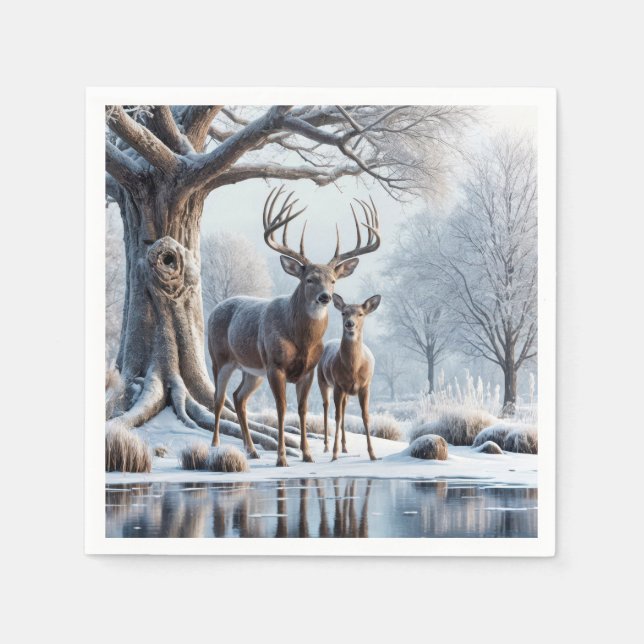 Deer Standing By Icy Pond Napkins (Front)