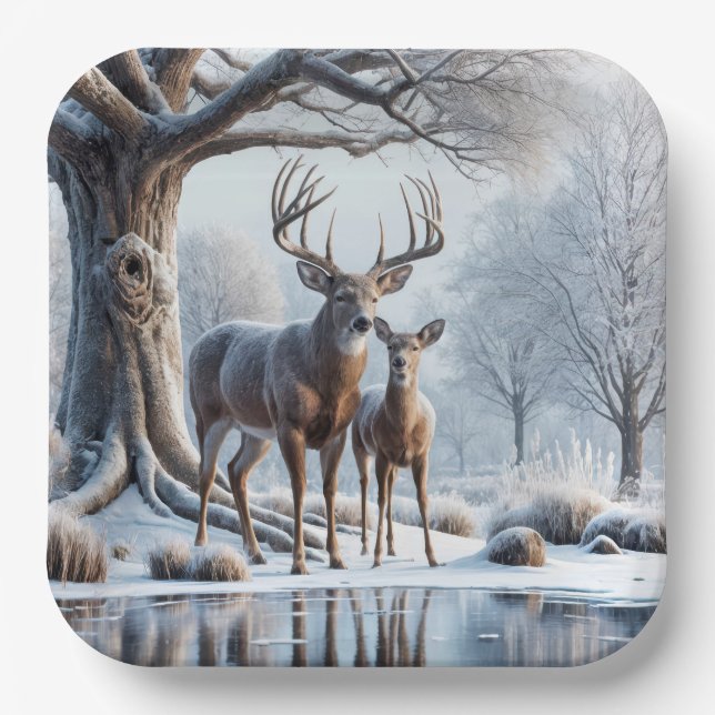Deer Standing By Icy Pond Paper Plates (Front)