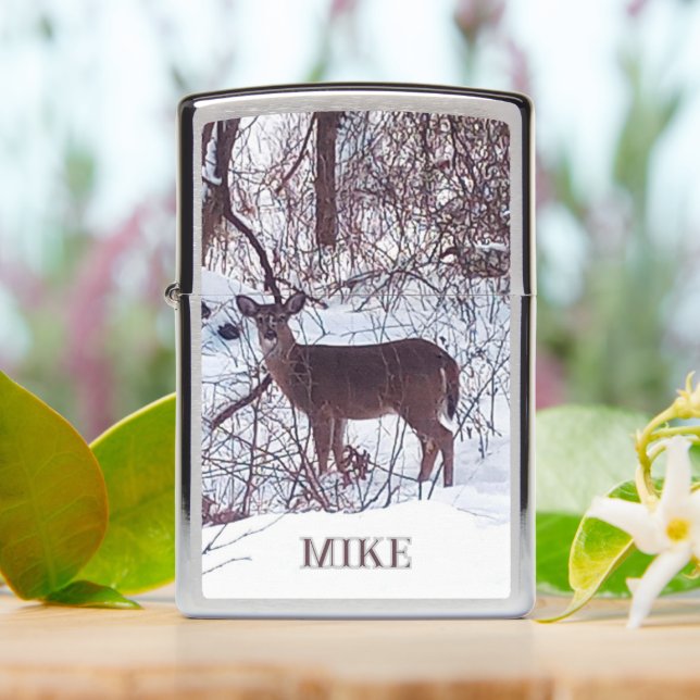Deer Standing in Snow Monogram   Zippo Lighter (On Table)