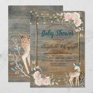 Deer String Lights,Wood Floral Baby Shower Invitation