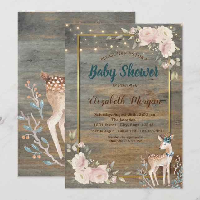 Deer String Lights,Wood Floral Baby Shower   Invitation (Front/Back)