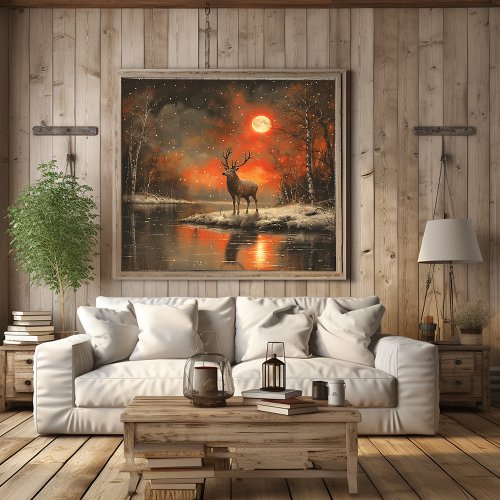 Deer Sunset River Winter Forest Poster