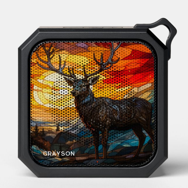 Deer Sunset Woodland Mountains Personalized Name Bluetooth Speaker (Front)