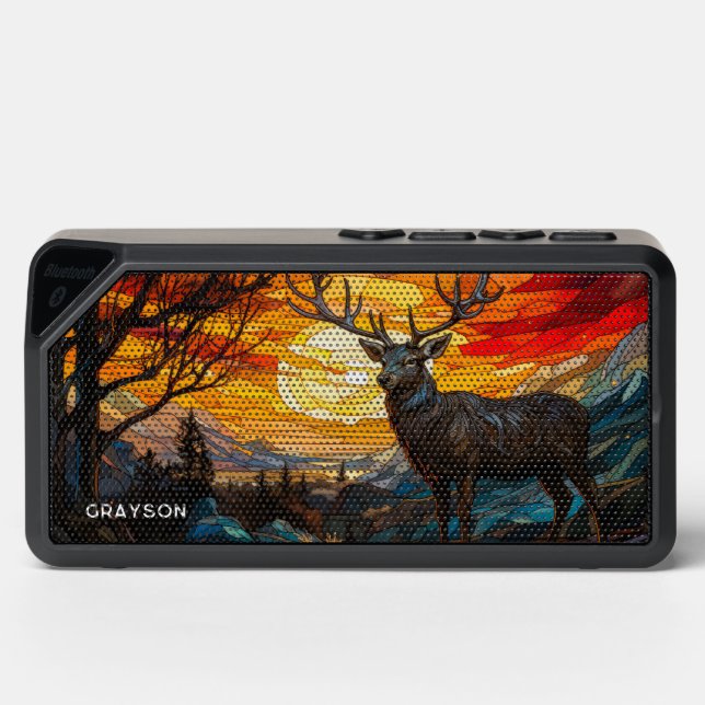 Deer Sunset Woodland Mountains Personalized Name Bluetooth Speaker (Front)