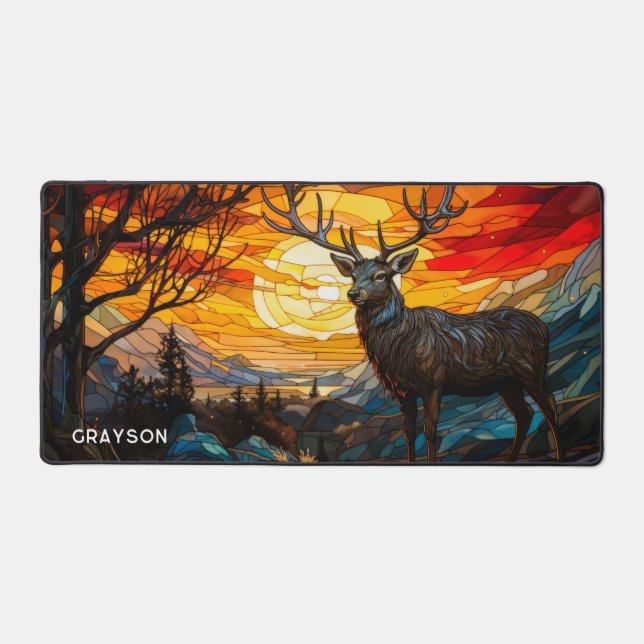 Deer Sunset Woodland Mountains Personalized Name Desk Mat (Front)