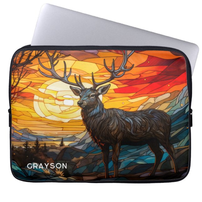 Deer Sunset Woodland Mountains Personalized Name Laptop Sleeve (Front)