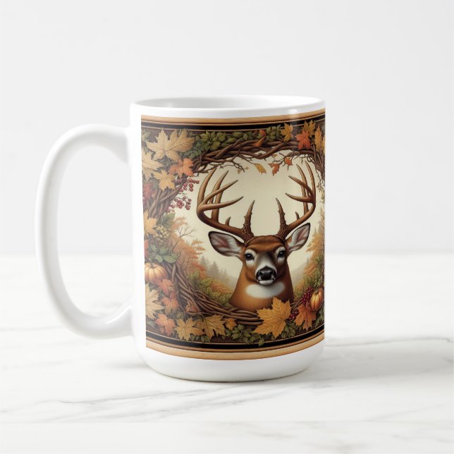 Deer Surrounded By Autumn Leaves Coffee Mug (Left)