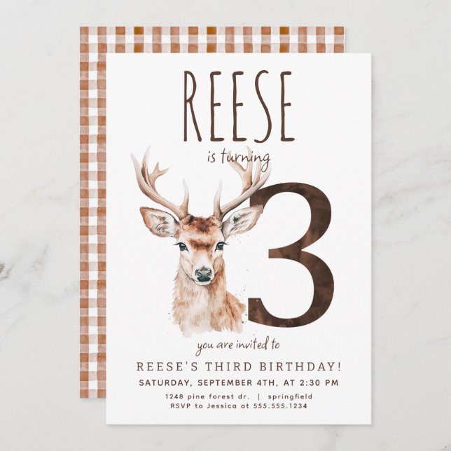 Deer Third Birthday Invitation (Front/Back)