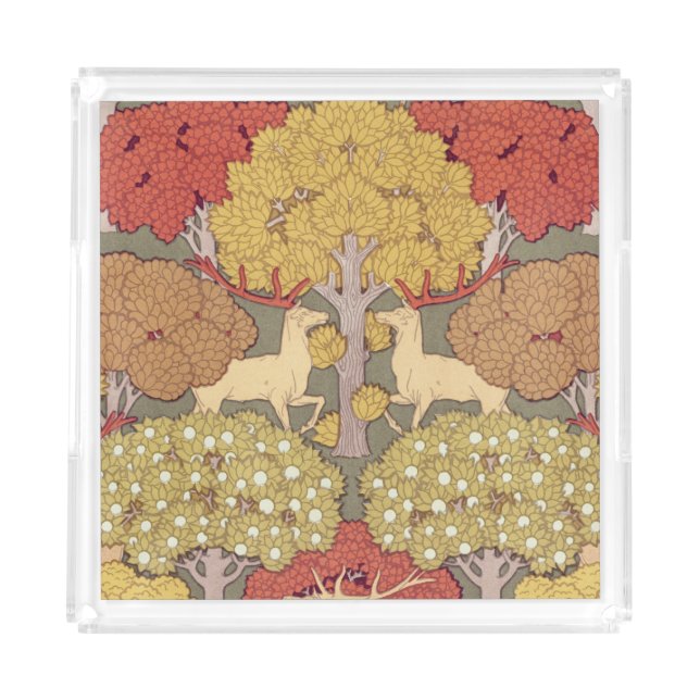 Deer &Tree Squirrel Bird Rowan Berries Art Nouveau Acrylic Tray (Front)