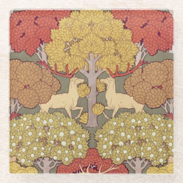 Deer &Tree Squirrel Bird Rowan Berries Art Nouveau Glass Coaster (Front)
