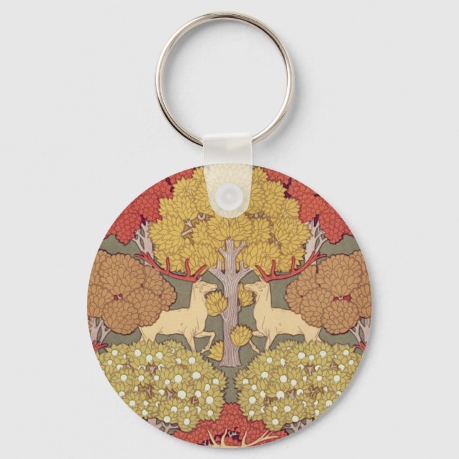 Deer &Tree Squirrel Bird Rowan Berries Art Nouveau Keychain (Front)