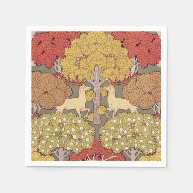 Deer &Tree Squirrel Bird Rowan Berries Art Nouveau Napkins (Front)