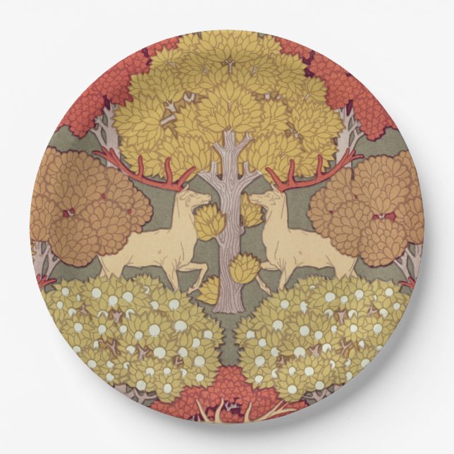 Deer &Tree Squirrel Bird Rowan Berries Art Nouveau Paper Plates (Front)