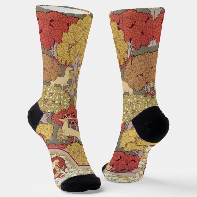 Deer &Tree Squirrel Bird Rowan Berries Art Nouveau Socks (Angled)