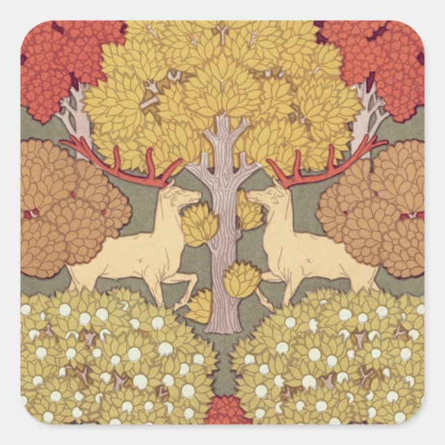 Deer &Tree Squirrel Bird Rowan Berries Art Nouveau Square Sticker (Front)