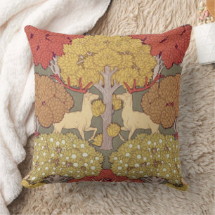 Deer &Tree Squirrel Bird Rowan Berries Art Nouveau Throw Pillow