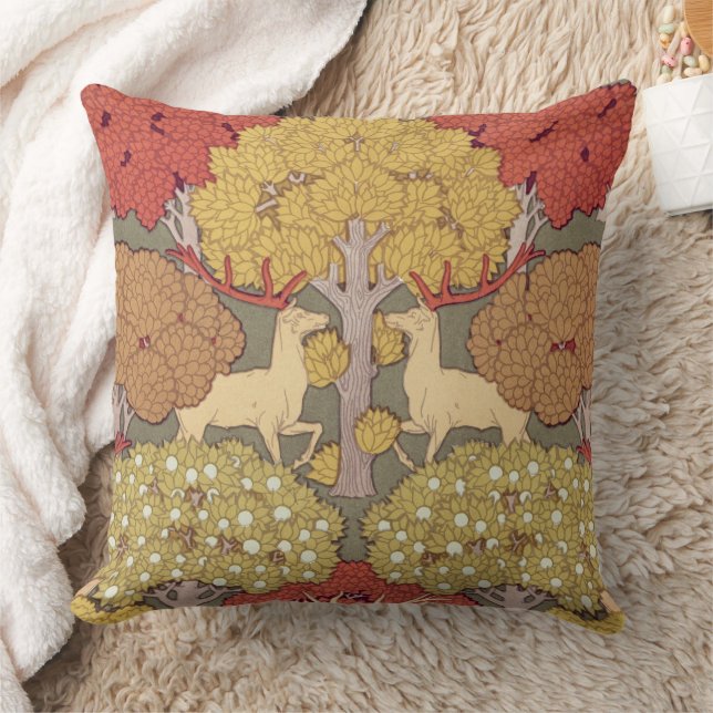 Deer &Tree Squirrel Bird Rowan Berries Art Nouveau Throw Pillow (Blanket)