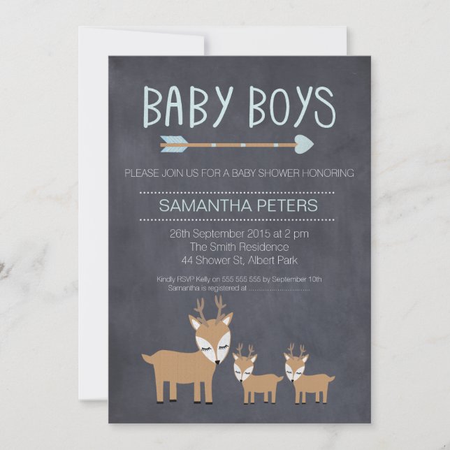 Deer Twin Boys Chalkboard Baby Shower Invitation (Front)