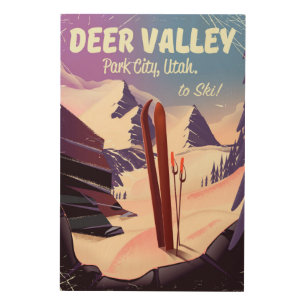 Deer Valley, Park City, Utah, Ski travel poster. Wood Wall Art